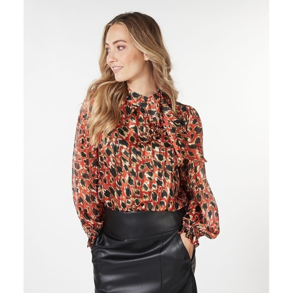 NWT Esqualo Womens Leopard Satin Tie Neck Ruffle Lined Long‎ Sleeve Size 6